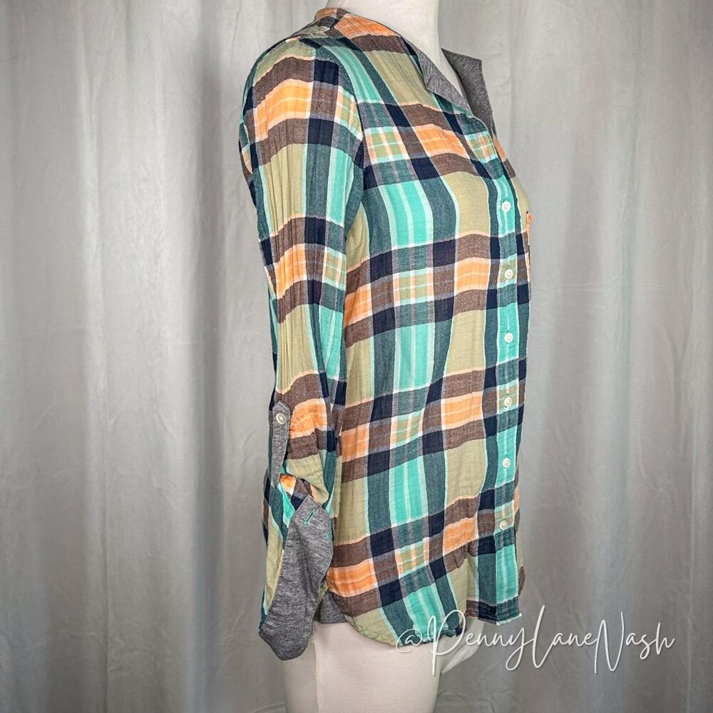 C&C California Split Neck Crinkle Plaid Shirt Canteloupe - Picture 4 of 10